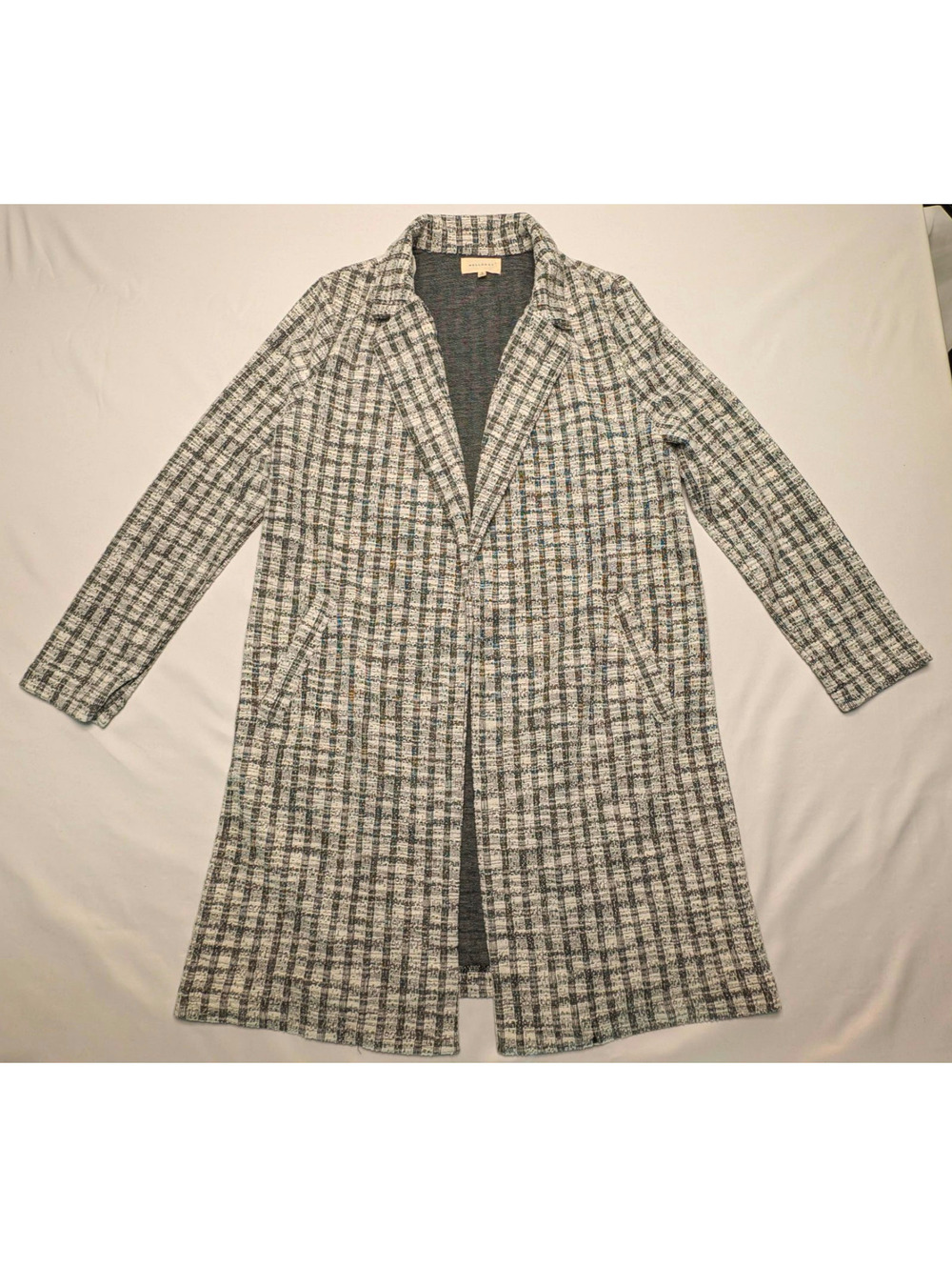 Melloday Black White Plaid Open Front Longline Overcoat Blazer w/ Pockets Sz S